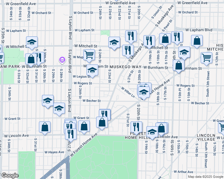 map of restaurants, bars, coffee shops, grocery stores, and more near 2016 South 23rd Street in Milwaukee