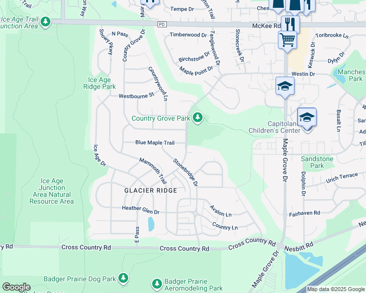 map of restaurants, bars, coffee shops, grocery stores, and more near 7201 Blue Maple Trail in Madison