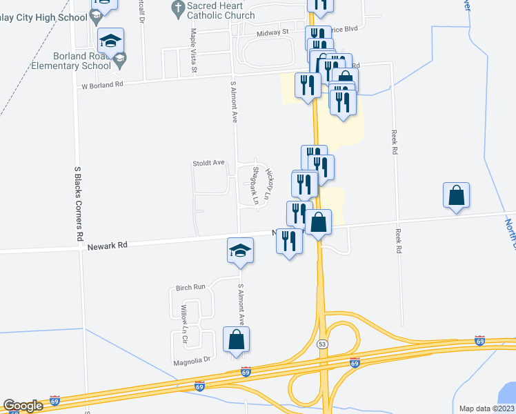 map of restaurants, bars, coffee shops, grocery stores, and more near 1924 Hickory Lane in Imlay City