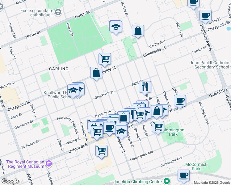 map of restaurants, bars, coffee shops, grocery stores, and more near 87 Boullee Street in London