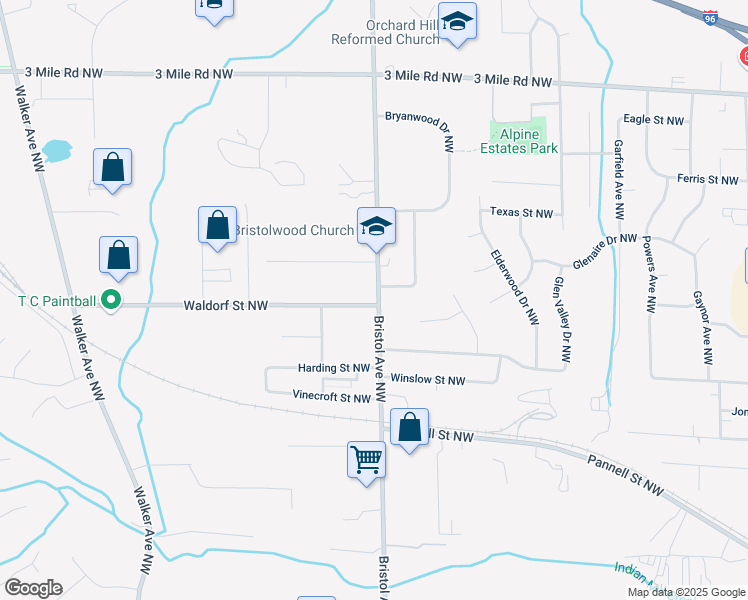 map of restaurants, bars, coffee shops, grocery stores, and more near 2401 Bristol Avenue Northwest in Grand Rapids