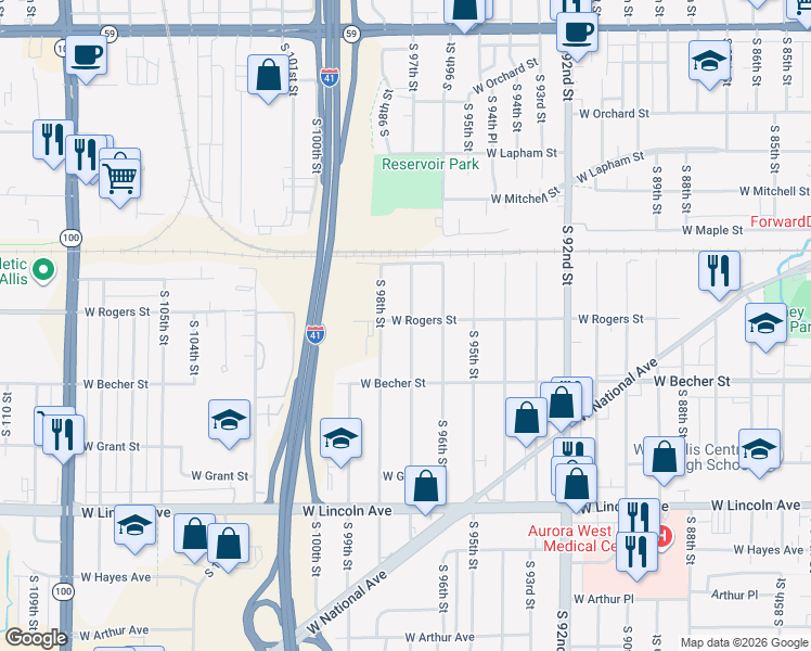 map of restaurants, bars, coffee shops, grocery stores, and more near 2001 South 97th Street in West Allis