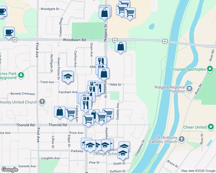 map of restaurants, bars, coffee shops, grocery stores, and more near 398 Aqueduct Street in Welland
