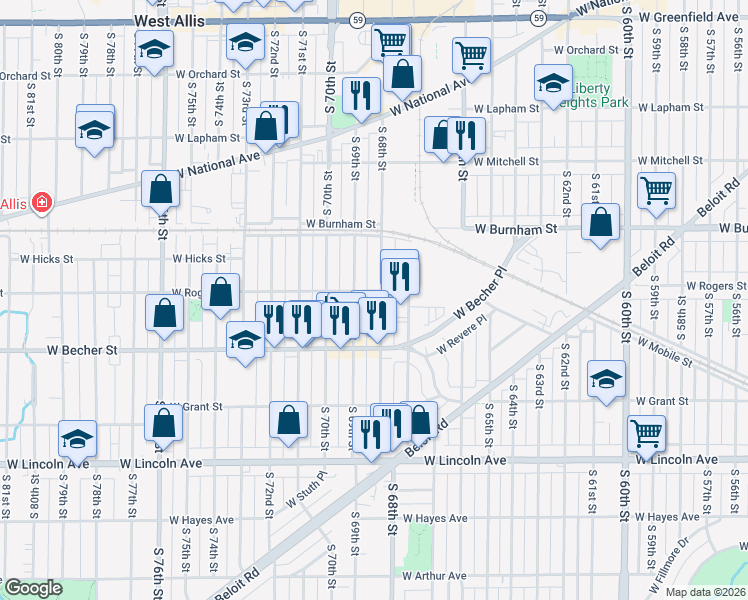 map of restaurants, bars, coffee shops, grocery stores, and more near 2009 South 68th Street in West Allis