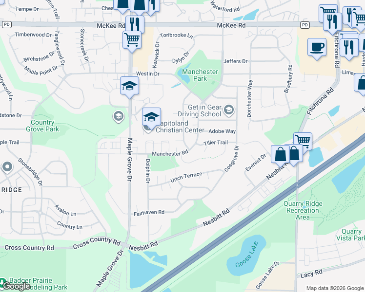 map of restaurants, bars, coffee shops, grocery stores, and more near 3730 Basalt Lane in Madison