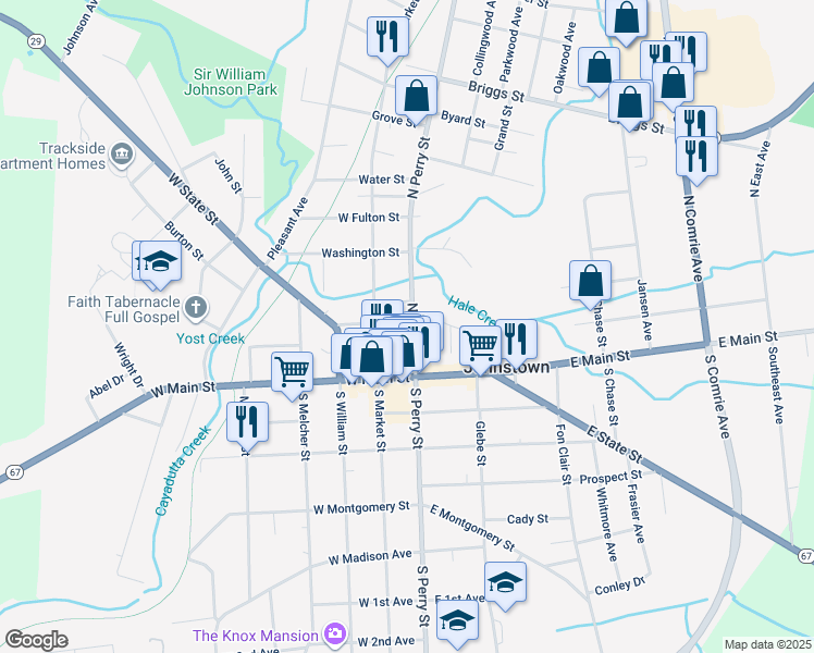 map of restaurants, bars, coffee shops, grocery stores, and more near 25 North Perry Street in Johnstown