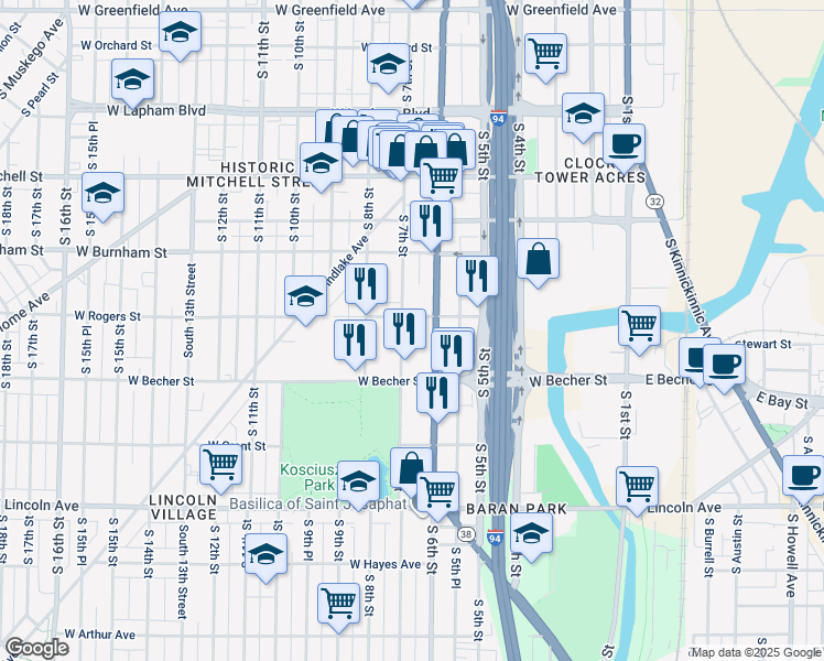 map of restaurants, bars, coffee shops, grocery stores, and more near 2014 South 7th Street in Milwaukee