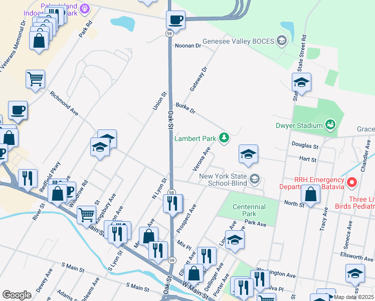 map of restaurants, bars, coffee shops, grocery stores, and more near 11 Pickthorn Drive in Batavia