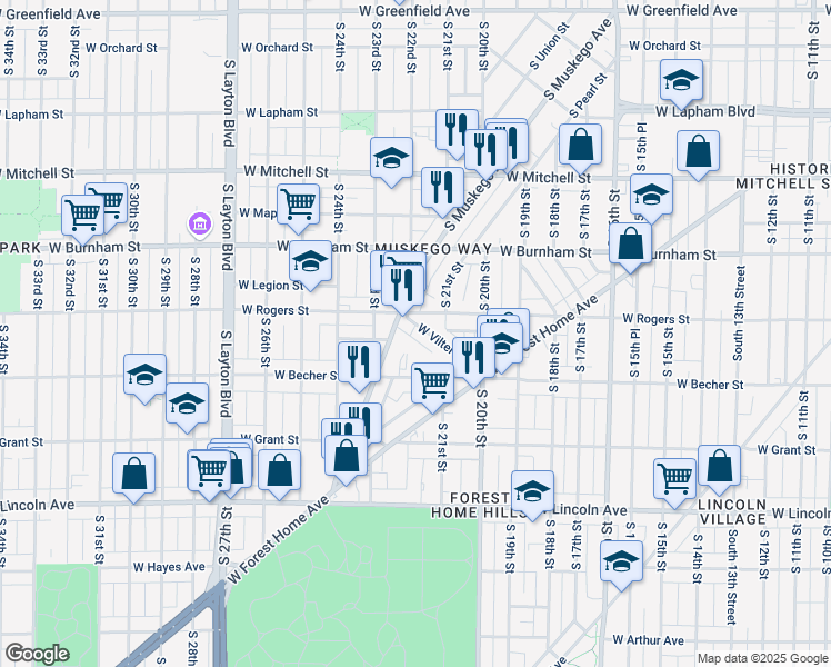 map of restaurants, bars, coffee shops, grocery stores, and more near 2129 West Vilter Lane in Milwaukee