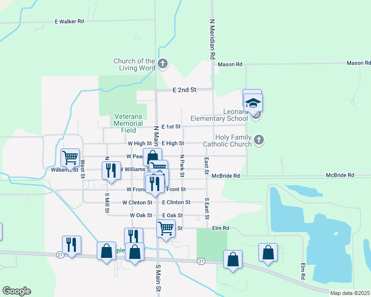 map of restaurants, bars, coffee shops, grocery stores, and more near 316 North Park Street in Ovid