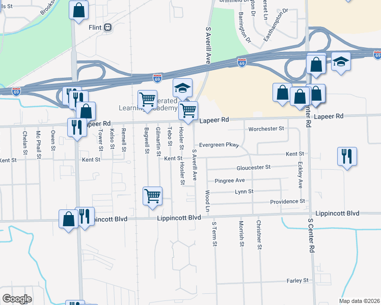 map of restaurants, bars, coffee shops, grocery stores, and more near 1862 South Averill Avenue in Flint