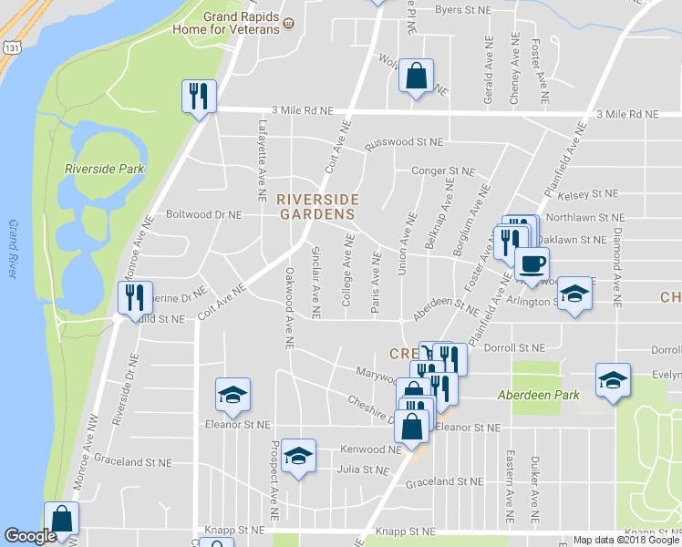 map of restaurants, bars, coffee shops, grocery stores, and more near 2451 College Avenue Northeast in Grand Rapids