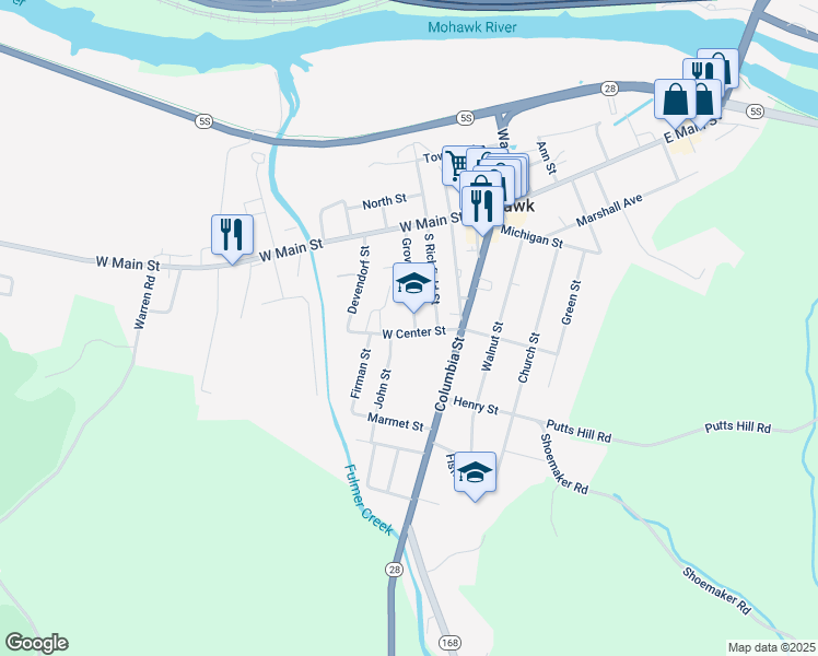 map of restaurants, bars, coffee shops, grocery stores, and more near 30 Grove Street in Mohawk