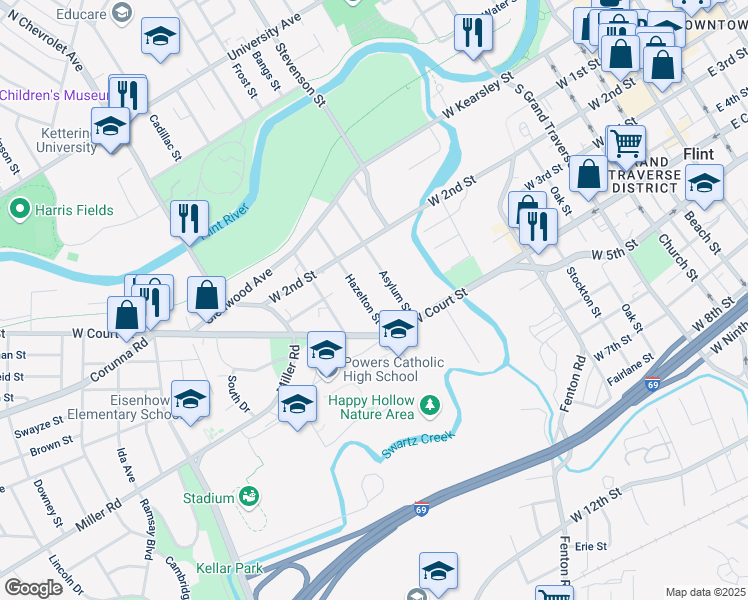 map of restaurants, bars, coffee shops, grocery stores, and more near 717 Hazelton Street in Flint