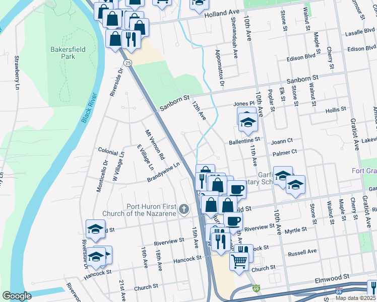 map of restaurants, bars, coffee shops, grocery stores, and more near 3031 West Woodland Drive in Port Huron