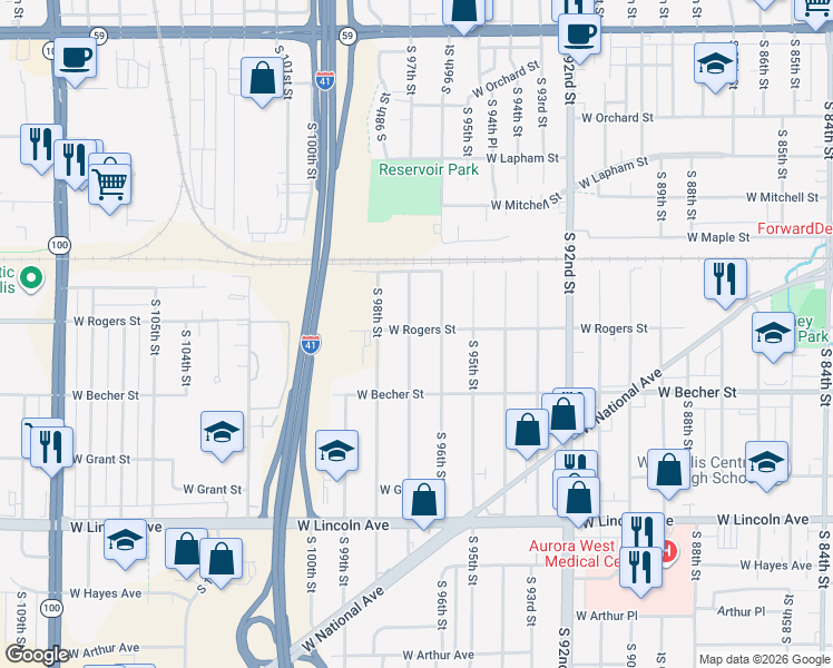 map of restaurants, bars, coffee shops, grocery stores, and more near 2001 South 97th Street in West Allis