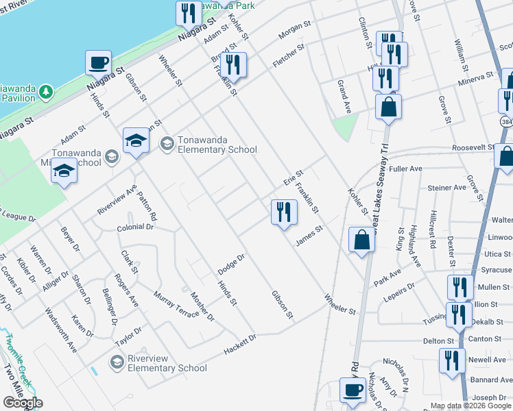 map of restaurants, bars, coffee shops, grocery stores, and more near 8 Prospect Avenue in Tonawanda