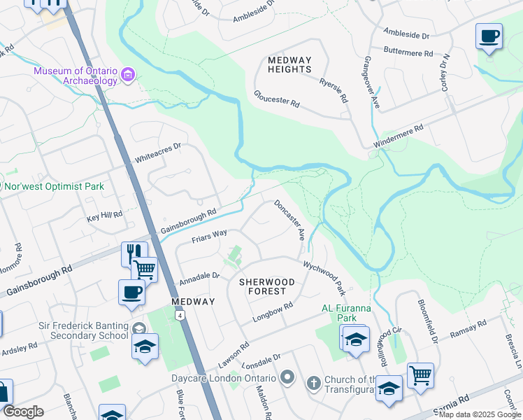 map of restaurants, bars, coffee shops, grocery stores, and more near 48 Doncaster Avenue in London