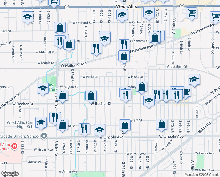 map of restaurants, bars, coffee shops, grocery stores, and more near 7727 West Rogers Street in West Allis