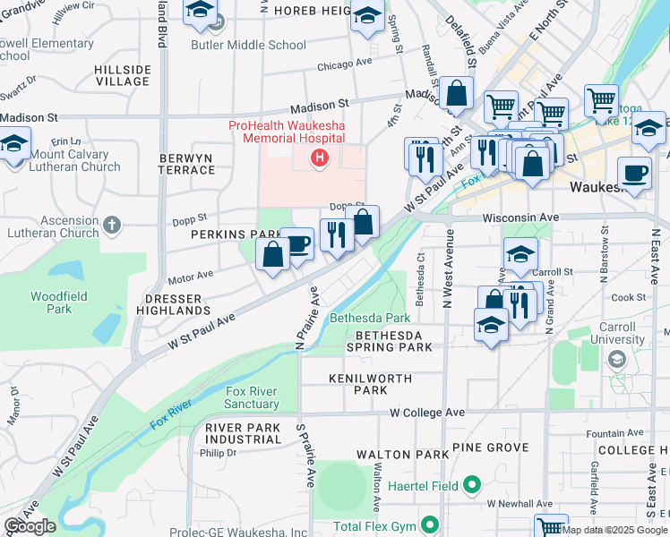 map of restaurants, bars, coffee shops, grocery stores, and more near 744 West Saint Paul Avenue in Waukesha