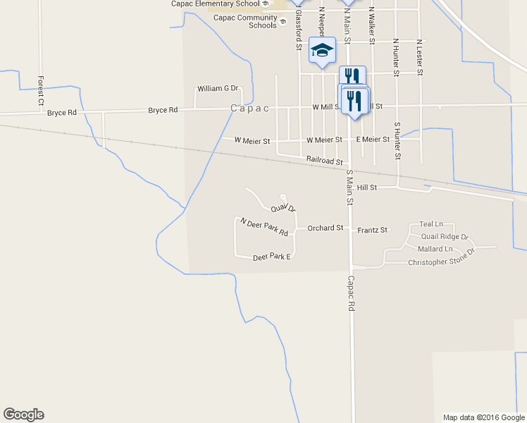 map of restaurants, bars, coffee shops, grocery stores, and more near 227 Quail Drive in Capac