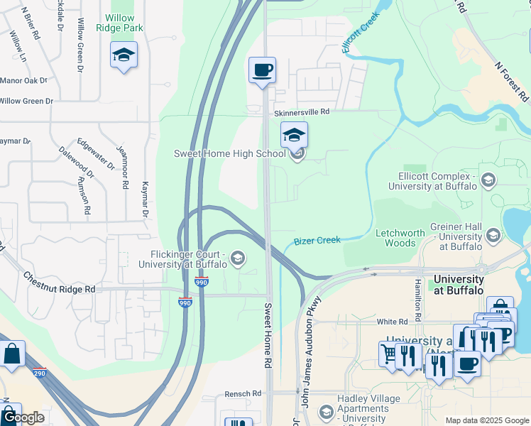 map of restaurants, bars, coffee shops, grocery stores, and more near 1736 Sweet Home Road in Buffalo