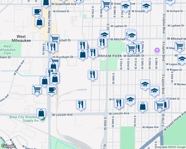 map of restaurants, bars, coffee shops, grocery stores, and more near 2018 South 37th Street in Milwaukee