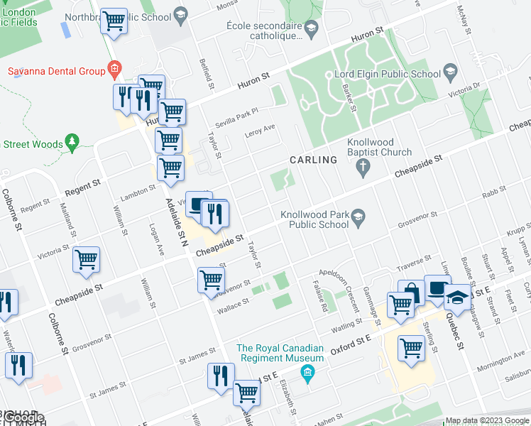 map of restaurants, bars, coffee shops, grocery stores, and more near 701 Strathmeyer Street in London