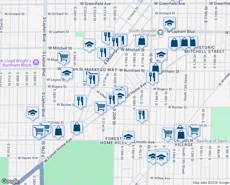 map of restaurants, bars, coffee shops, grocery stores, and more near 2017 South 20th Street in Milwaukee