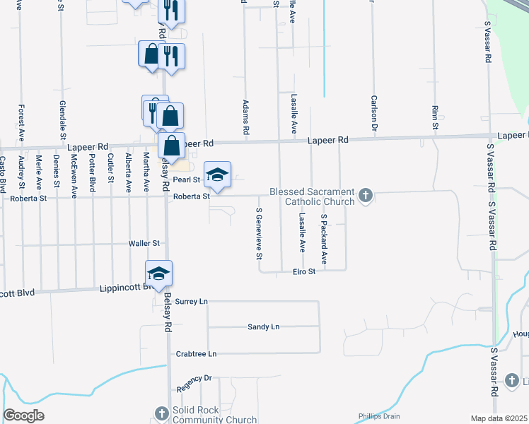 map of restaurants, bars, coffee shops, grocery stores, and more near 1409 South Genevieve Street in Burton