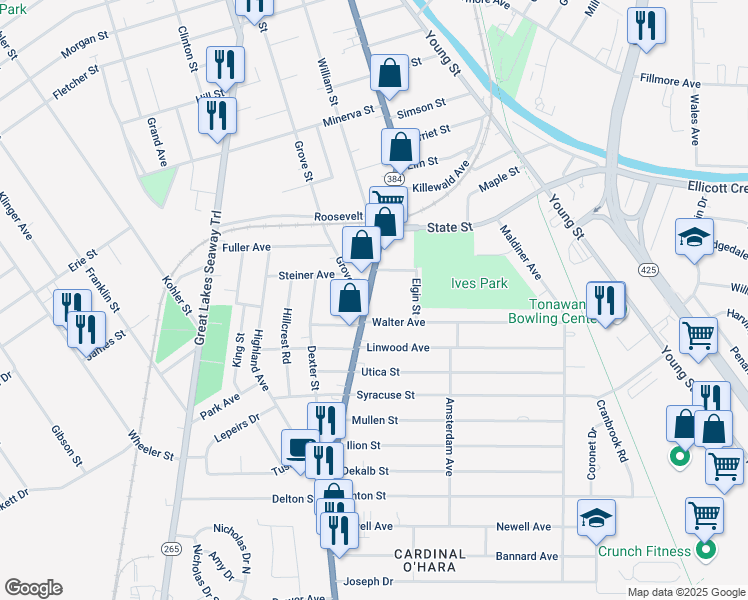 map of restaurants, bars, coffee shops, grocery stores, and more near 409 Delaware Street in Tonawanda