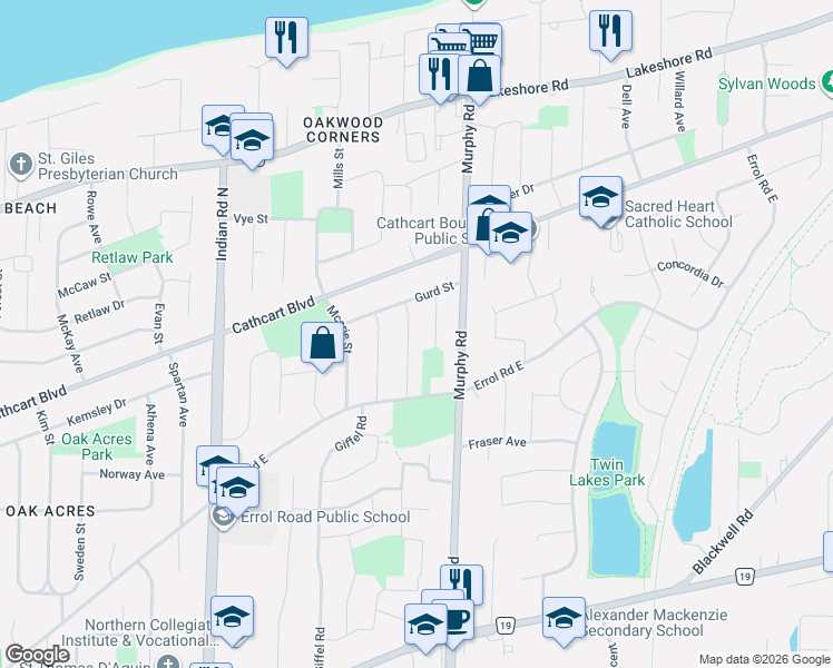 map of restaurants, bars, coffee shops, grocery stores, and more near 1491 Len Avenue in Sarnia