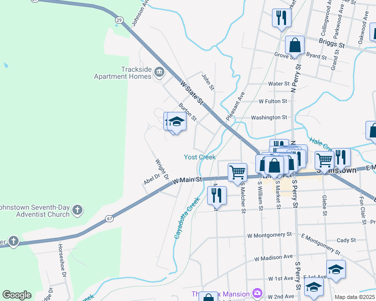 map of restaurants, bars, coffee shops, grocery stores, and more near 110 Warren Street in Johnstown