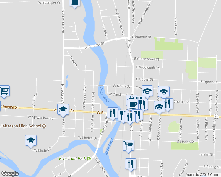 map of restaurants, bars, coffee shops, grocery stores, and more near 214 West North Street in Jefferson