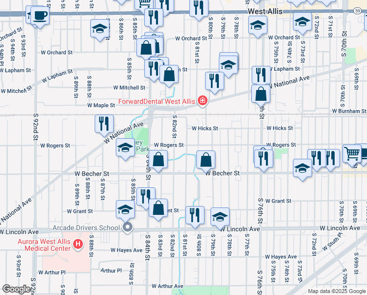 map of restaurants, bars, coffee shops, grocery stores, and more near 2003 South 81st Street in West Allis