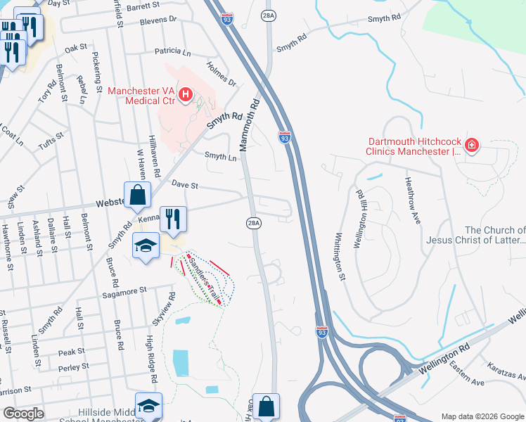 map of restaurants, bars, coffee shops, grocery stores, and more near 487 Kennard Road in Manchester