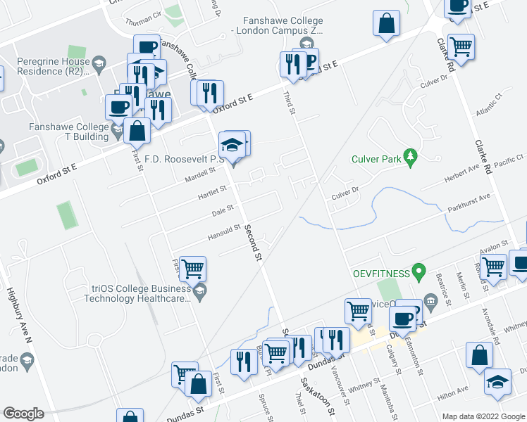 map of restaurants, bars, coffee shops, grocery stores, and more near 1660 Hansuld Street in London
