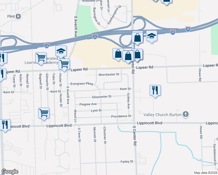 map of restaurants, bars, coffee shops, grocery stores, and more near 3719 Kent Street in Flint