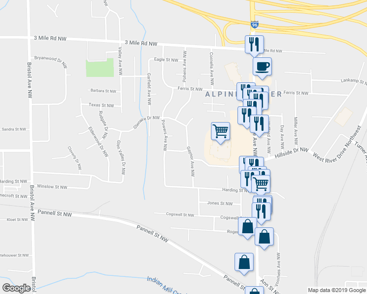 map of restaurants, bars, coffee shops, grocery stores, and more near 2429 Gaynor Avenue Northwest in Grand Rapids