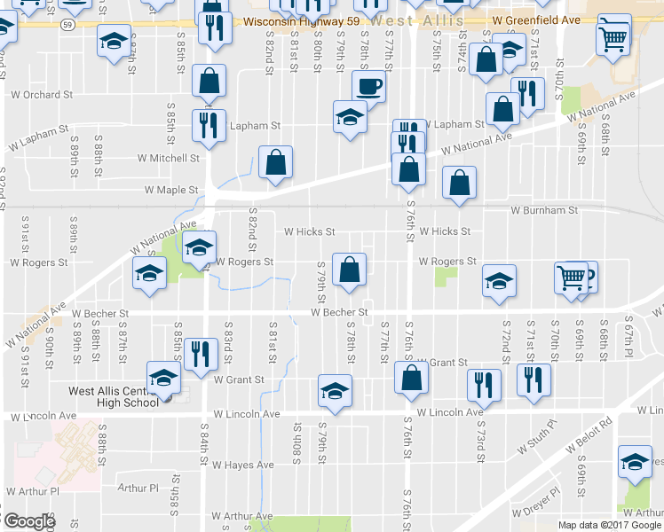 map of restaurants, bars, coffee shops, grocery stores, and more near 7827 West Rogers Street in West Allis