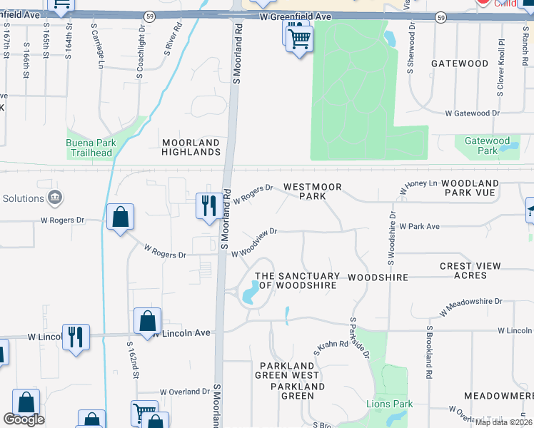 map of restaurants, bars, coffee shops, grocery stores, and more near 2003 South Valley Spring Drive in New Berlin