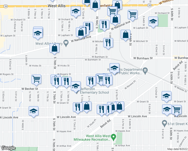 map of restaurants, bars, coffee shops, grocery stores, and more near 2005 South 70th Street in West Allis