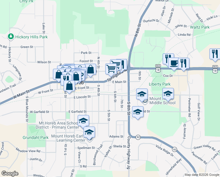 map of restaurants, bars, coffee shops, grocery stores, and more near 105 South 5th Street in Mount Horeb