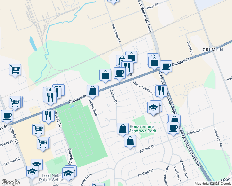 map of restaurants, bars, coffee shops, grocery stores, and more near 210 Carlyle Drive in London