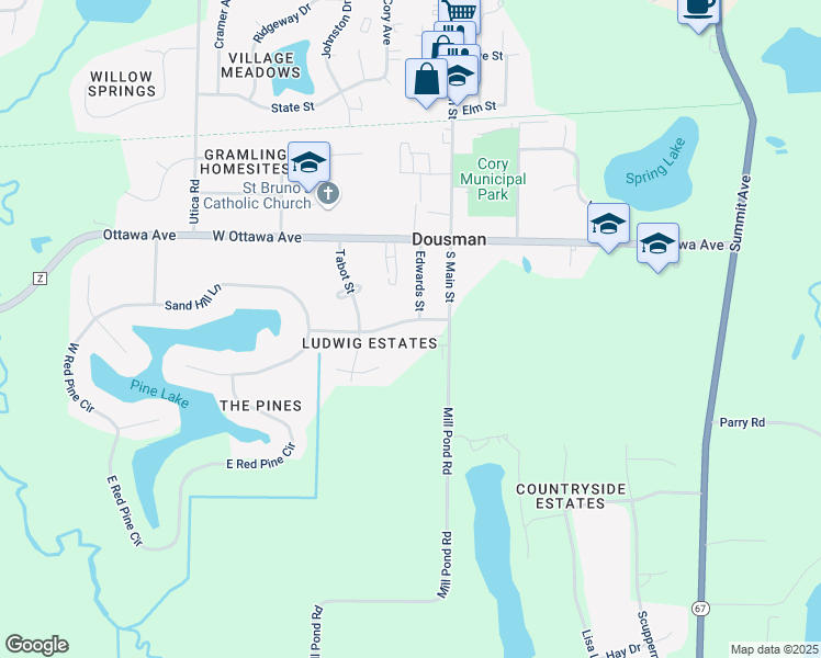 map of restaurants, bars, coffee shops, grocery stores, and more near 143 Ludwig Avenue in Dousman