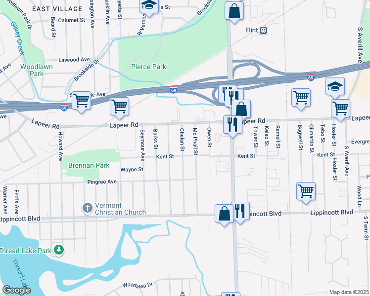 map of restaurants, bars, coffee shops, grocery stores, and more near 1843 Chelan Street in Flint