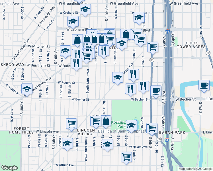 map of restaurants, bars, coffee shops, grocery stores, and more near 2008 South 11th Street in Milwaukee