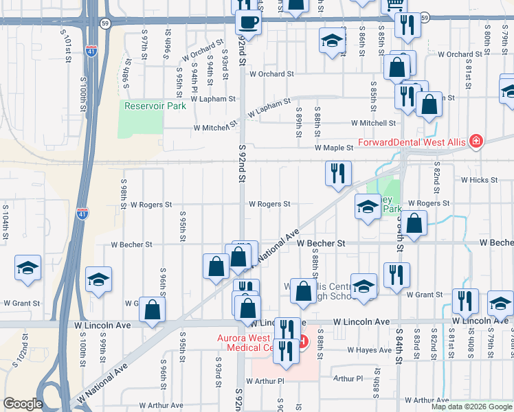 map of restaurants, bars, coffee shops, grocery stores, and more near 2001 South 91st Street in West Allis