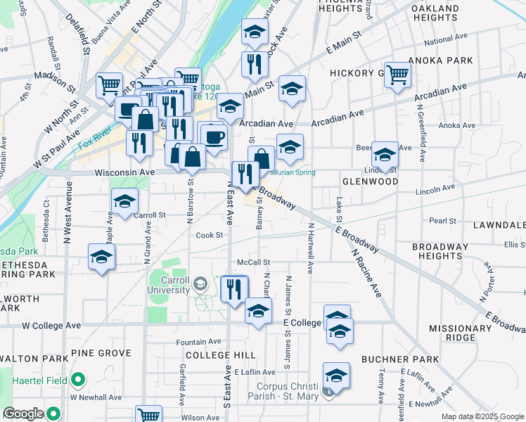 map of restaurants, bars, coffee shops, grocery stores, and more near 501 Barney Street in Waukesha