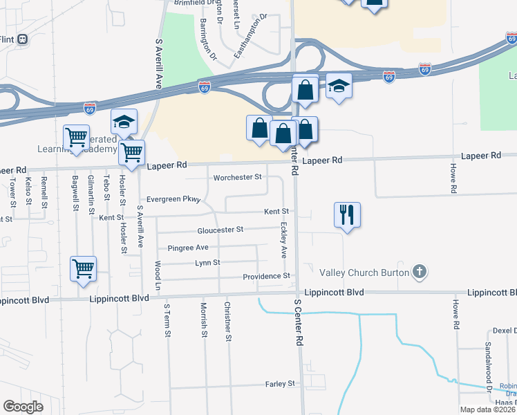 map of restaurants, bars, coffee shops, grocery stores, and more near 3807 Kent Street in Flint
